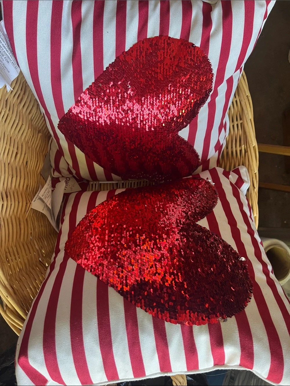 Red Sequin Heart Stripe Decorative Pillow - Home Holiday